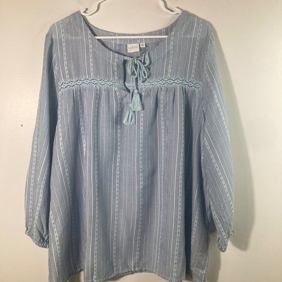 Womens New Directions Boho Striped Tunic Tie Neck Long Sleeve XL Blue Cotton Lyo - Picture 1 of 9